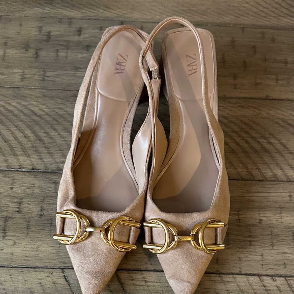 Zara Beige Slingback Heels with Gold Accent